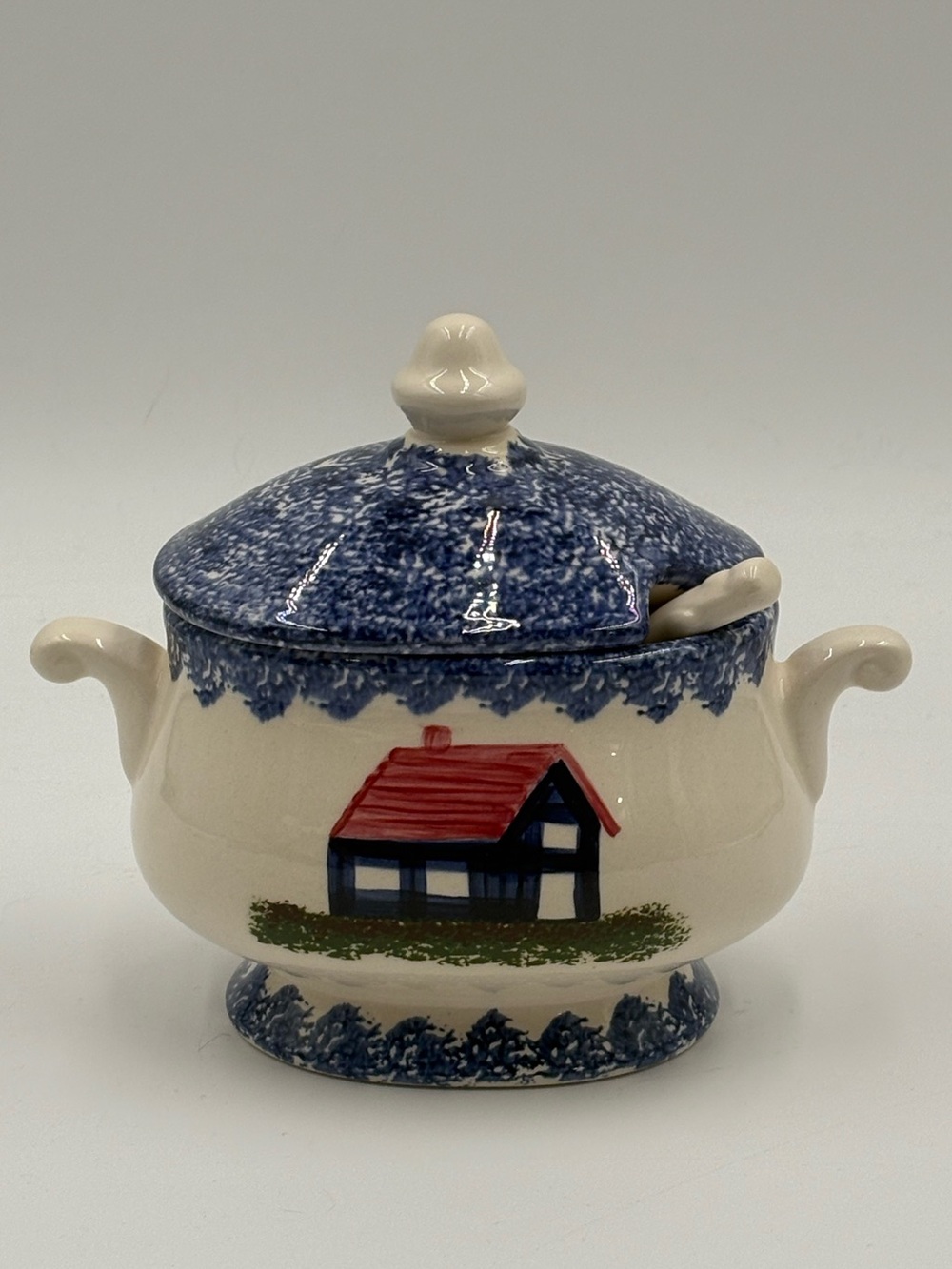 Vintage Schoolhouse Stoneware Spongeware Gravy Sauce Tureen w Ladle Cottagecore
